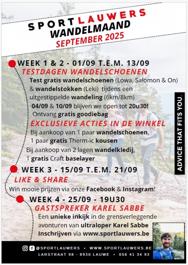 September wandelmaand bij <b>Sport Lauwers</b>: testdagen, acties, avondshopping & een inspirerende keynote door Karel Sabbe!